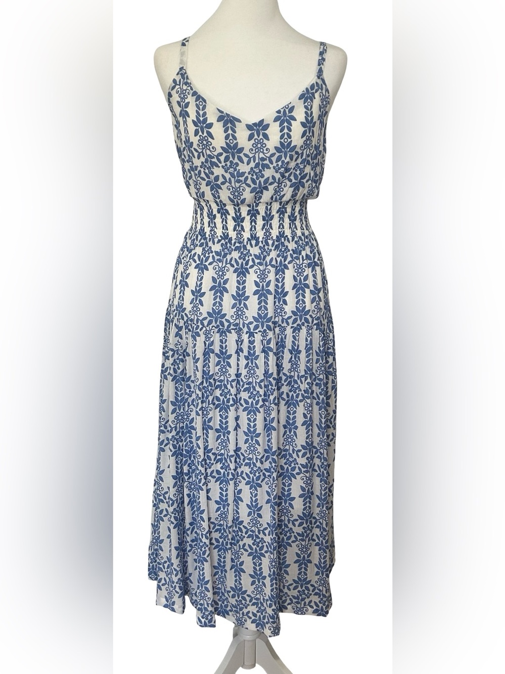 Skies Are Blue XL Blue White Floral Midi Dress Smocked Boho Cottagecore NWT - Picture 2 of 10